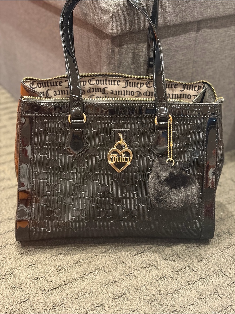 Juicy Couture Black Patent Tote with Gold Heart Charm and Fur Pom